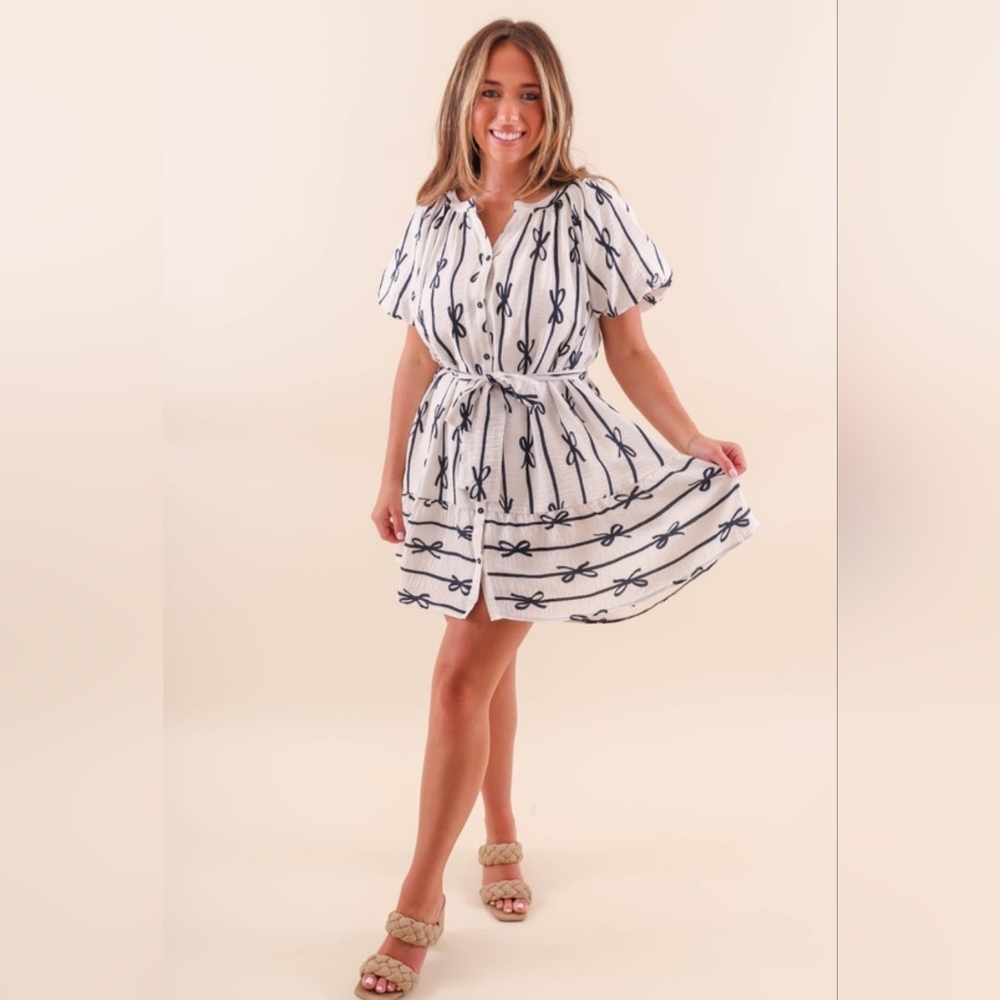 White and Blue Bow Pattern Dress With Tie Belt